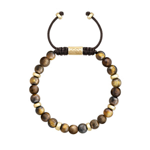 Pulsera de cuentas marrones y doradas, con detalles metálicos dorados y un cierre de cordón negro ajustable.